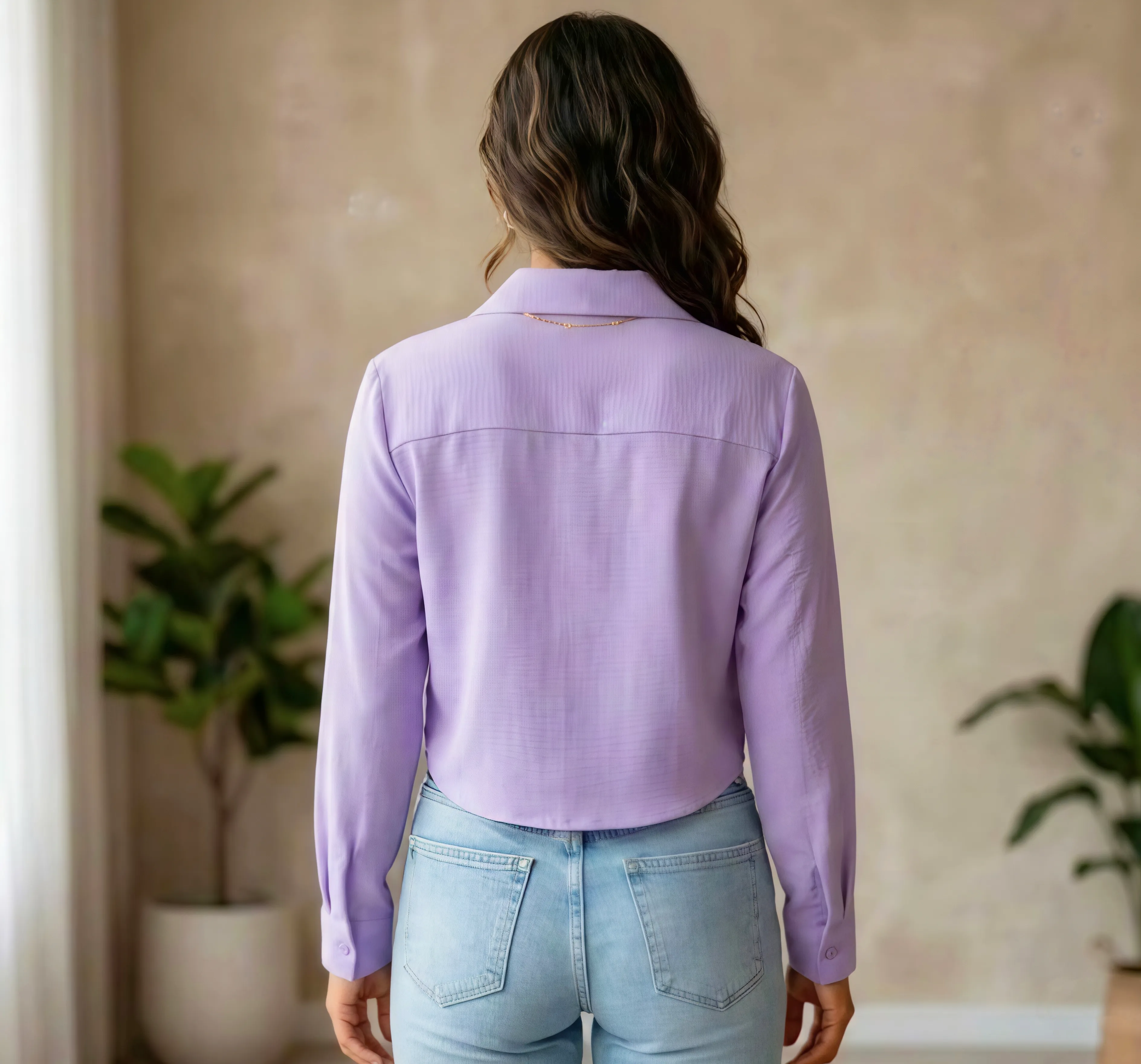 Premium Lavender Crepe Casual Shirt for Women - Chic Back-Detailing & Regular Fit