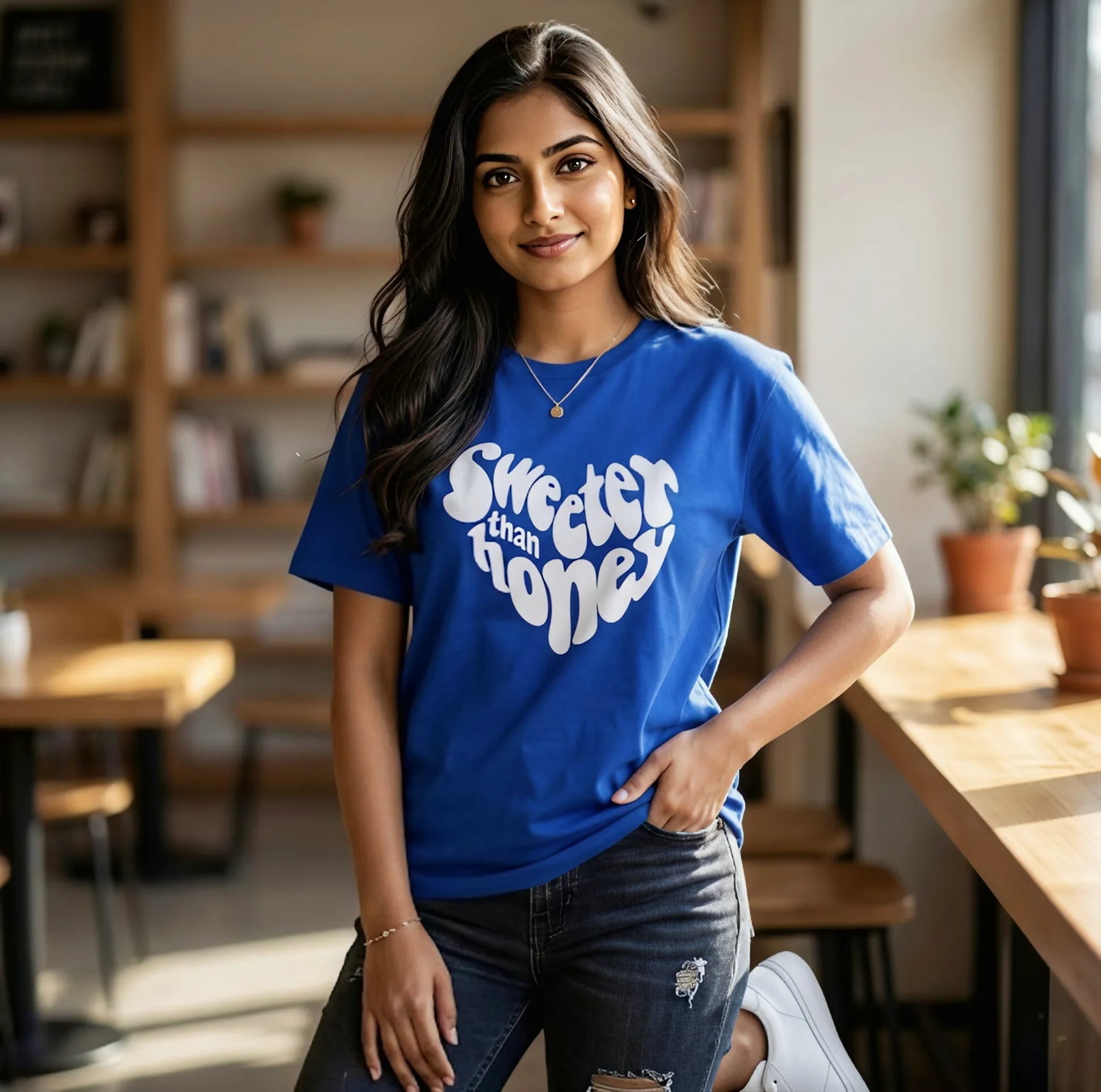 Women's Round Neck Graphic Print Cotton T-Shirt - Blue